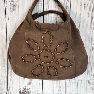 Vintage Y2K Lola Chocolate Brown Boho Purse Bag Burlap Beaded Flower Hippie